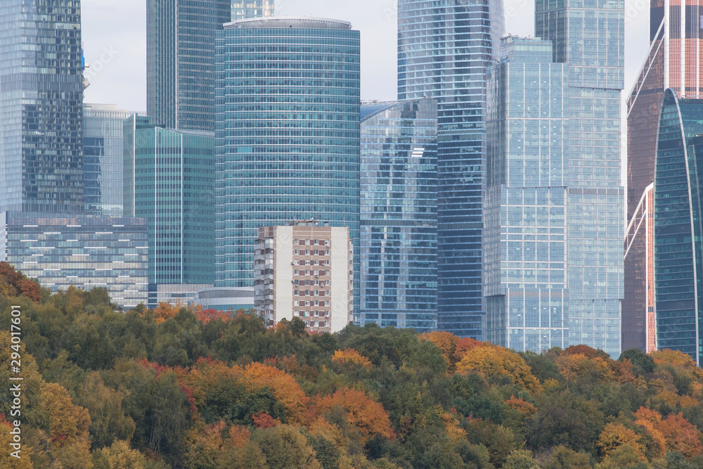 Autumn cityscape. View at Moscow city, business centre of the russian capital. Moscow, Russia.