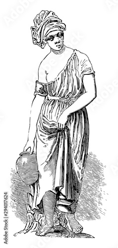Statuette was depicts a water-bearer, vintage engraving.