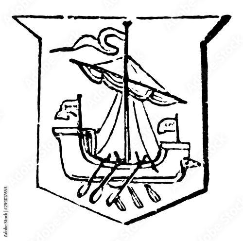 Galley is an ancient vessel propelled by oars, vintage engraving.