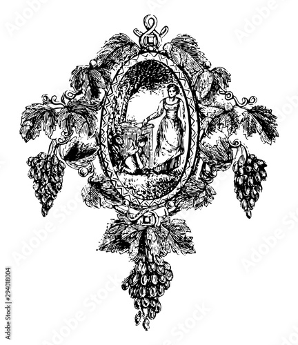 Brooch, leaves and bunches of grapes, vintage engraving.