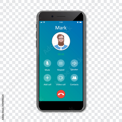 Smartphone call app interface template on a transparent background. Incoming call concept. Vector illustration