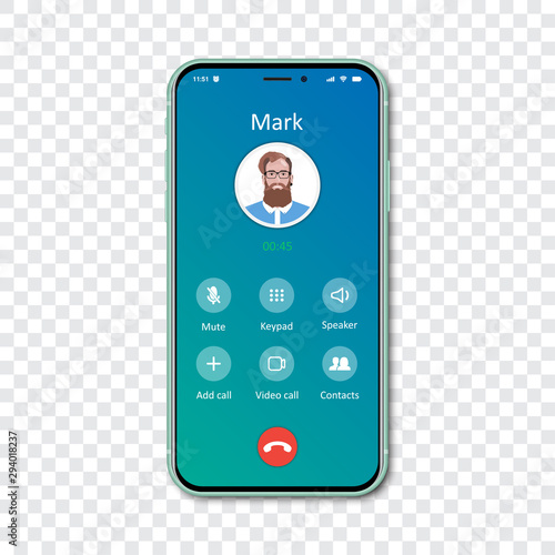 Smartphone call app interface template on a transparent background. Incoming call concept. Vector illustration