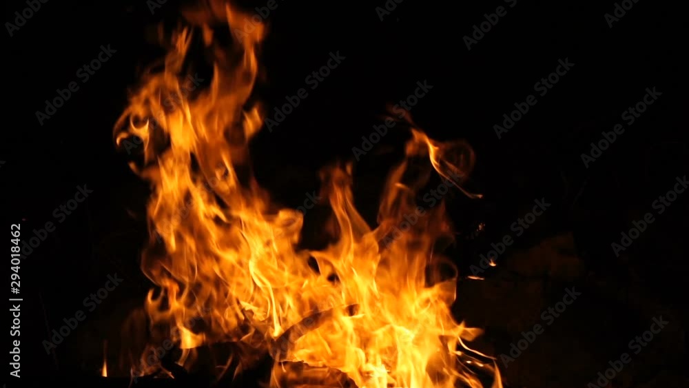 Burning fire at night, slow motion shooting. Flames of fire close-up. Burning fire at night, slow motion shooting. Flames of fire close-up.