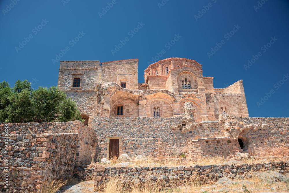The Church of Agia Sophia on top of the plateau, with the sea in the Background in Monemvasia, Greece. 