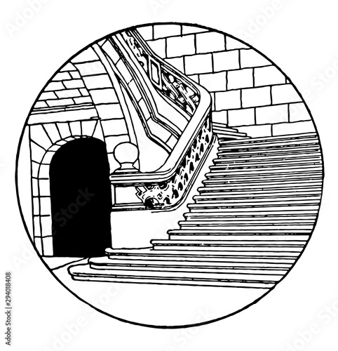 Large Staircase construction, Stairway walls,  vintage engraving.