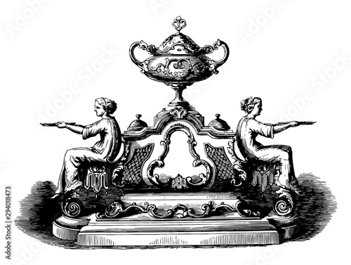 Inkstand, tray,  vintage engraving.