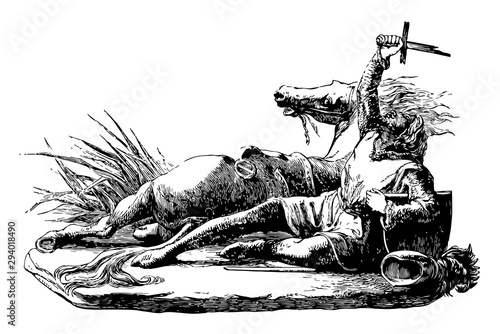 Marmion Sculpture is a scene taken from the Marmion poem by Sir Walter Scott, vintage engraving.