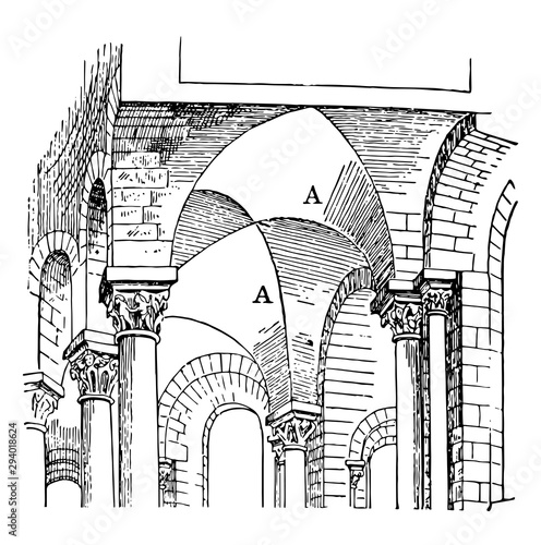 Groin Vault, early 12th century vaulting,  vintage engraving.