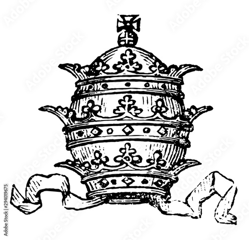Tiara have a Pope's mitre with its triple crown, vintage engraving.