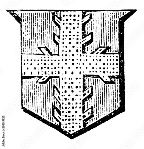 Cross Raguly shows a circular void, vintage engraving.