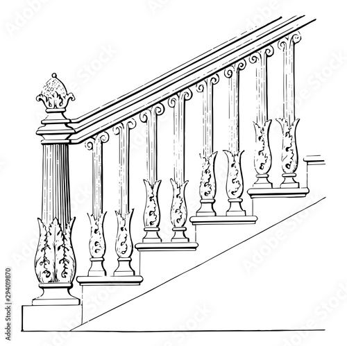 Stair Rail, stair handrails,  vintage engraving.