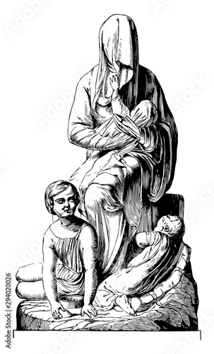 Bashful Beggar Sculpture is an Austrian design, vintage engraving.