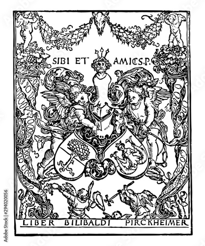 Pirkheimer's Bookplate includes the coat of arms of Pirkheimer and Rieter, vintage engraving. photo