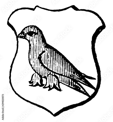 Martlet is an imaginary bird said to be without legs, vintage engraving.
