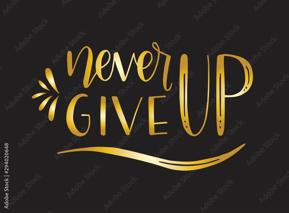 Never give up motivational quote. Hand written inscription. Hand drawn lettering. Never give up phrase. Vector illustration