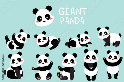 Fototapeta Naklejka Na Ścianę i Meble -  Set of cartoon illustrations with giant panda bears. Different poses