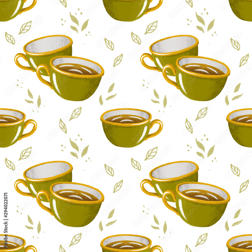 Seamless pattern with teapots, cups and leaves. Hand drawing vintage texture. Retro tea white background.