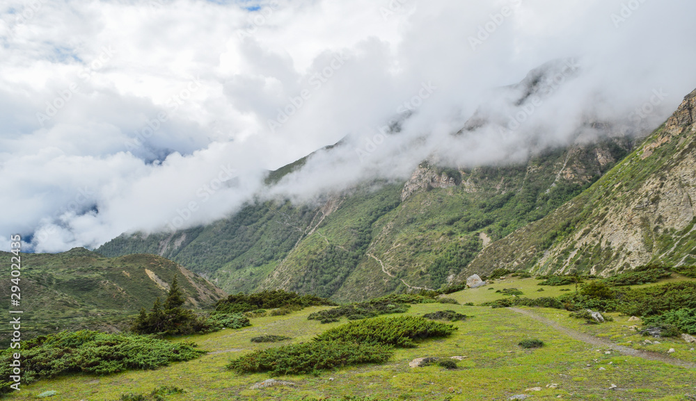 panoramic view of hillside, Manang Nepal