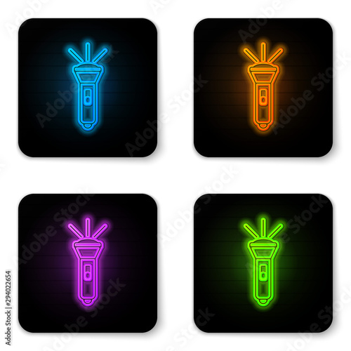 Glowing neon Flashlight icon isolated on white background. Black square button. Vector Illustration