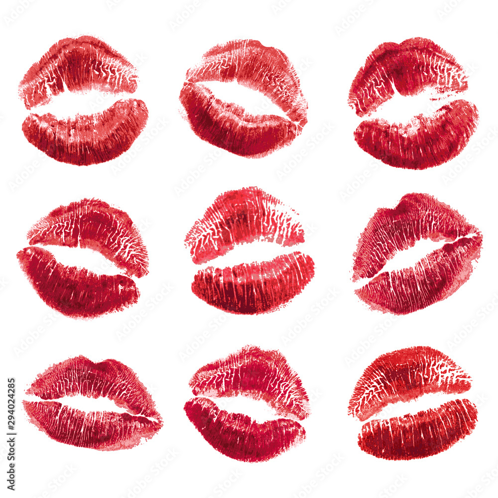 Vector set of realistic illustration womans girl red lipstick kiss mark. Isolated on white background. Valentines day icon, world kiss day. sign, symbol, clip art for design. Vector set of realistic illustration womans girl red lipstick kiss mark. Isolated on white background. Valentines day icon, world kiss day. sign, symbol, clip art for design.