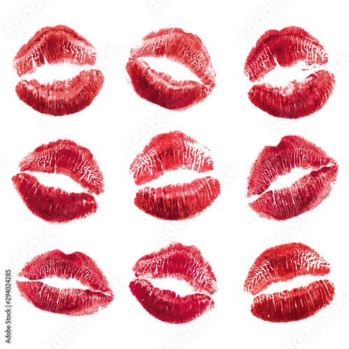 Vector set of realistic illustration womans girl red lipstick kiss mark. Isolated on white background. Valentines day icon  world kiss day. sign  symbol  clip art for design.