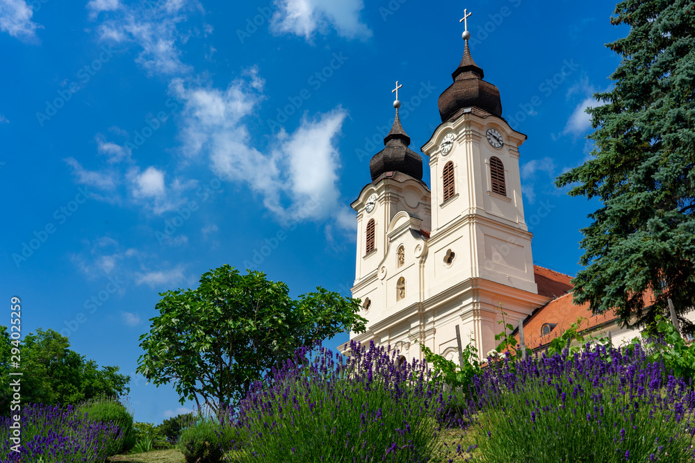 Benedictine abbey with lavender flower in Tihany, Hungary at the region famous lavender festival