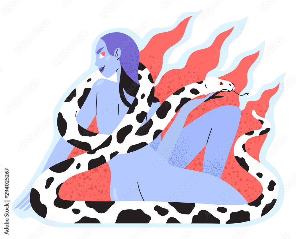 Obraz premium Feminism, girl power, International Women's Day print. Vector illustration of naked young girl or woman holding snake or python which cover her body. Women self-confidence and wild beauty concept.