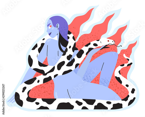 Feminism, girl power, International Women's Day print. Vector illustration of naked young girl or woman holding snake or python which cover her body. Women self-confidence and wild beauty concept.