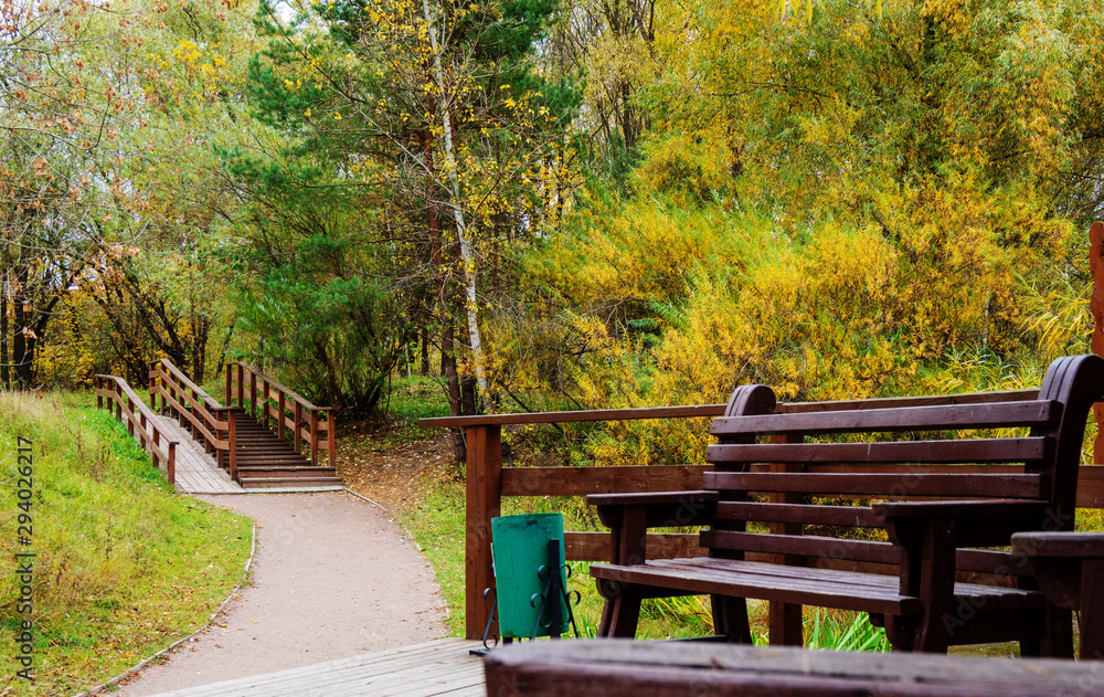 Autumn, Park, bench, stairs. Autumn, Park, bench, stairs.