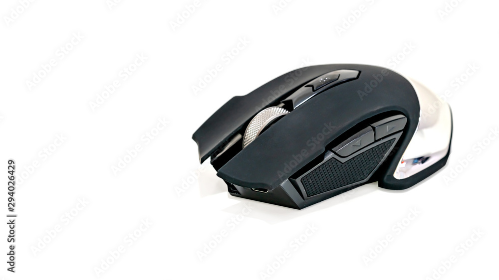 Close up Modern black color gaming mouse . macro photography isolated on white background Close up Modern black color gaming mouse . macro photography isolated on white background