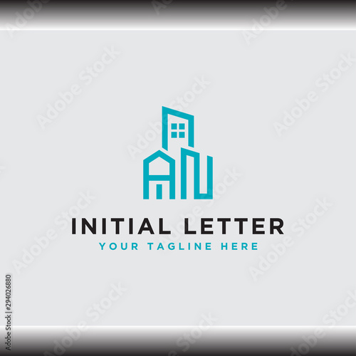 Initial concept of AN logo with vector building templates for construction.