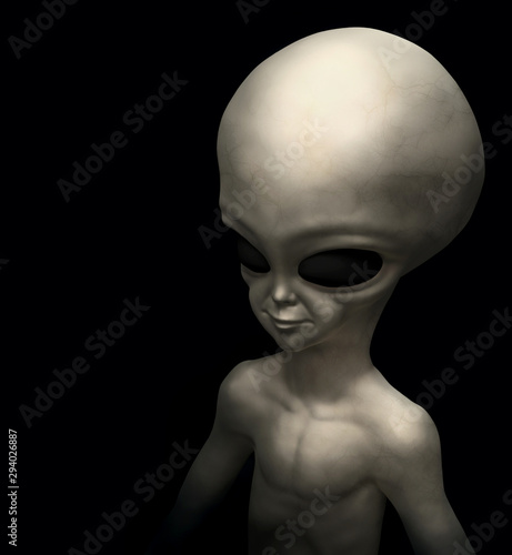 Portrait of a gray alien isolated on black. 3D illustration 