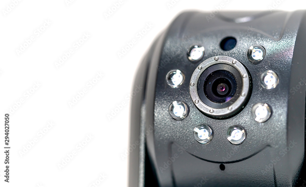 Close up black CCTV camera macro photography isolated on white background. Close up black CCTV camera macro photography isolated on white background.
