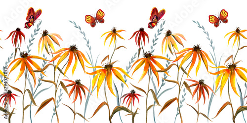 Seamless border from abstract rudbeckia flowers, grass and butterflies. Floral watercolor print for fabric and other designs on a white background. photo