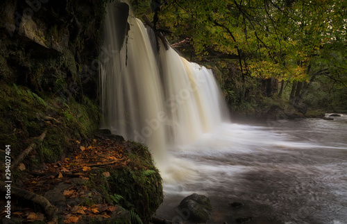 Autumn leaves at the waterfall called Sgwd Ddwli Isaf on the river Neath  near Pontneddfechan in South Wales  UK.
