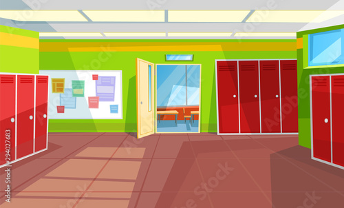 Hallway with lockers and tables with info vector, classroom with open doors. Interior of school corridor and rooms, view from inside 3d isometric. Back to school concept. Flat cartoon