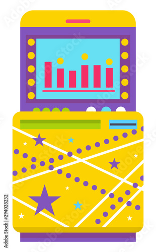 Game machine vector, isolated machinery for playing games. Object decorated with stars and lines, infocharts with coins above, bets gambling money. Win money in slot mashine. Flat cartoon