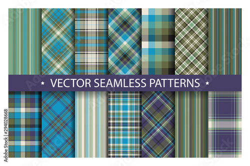 Set plaid pattern seamless. Tartan patterns fabric texture. Checkered geometric vector background. Scottish stripe blanket backdrop