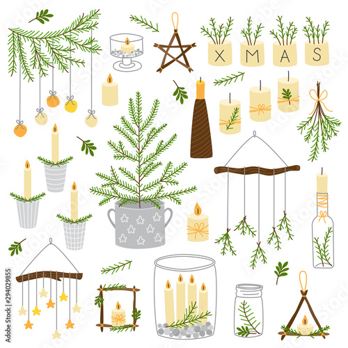 Cute Scandinavian set of vintage Christmas and New Year decorative elements as wooden star, Christmas tree, candles, mason jars and etc