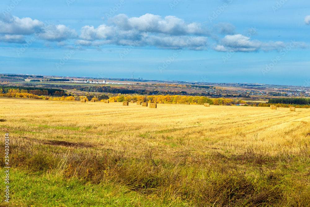 rural landscape in Chuvashia Golden autumn with a view of the city Novocheboksarsk, shot on a cloudy day