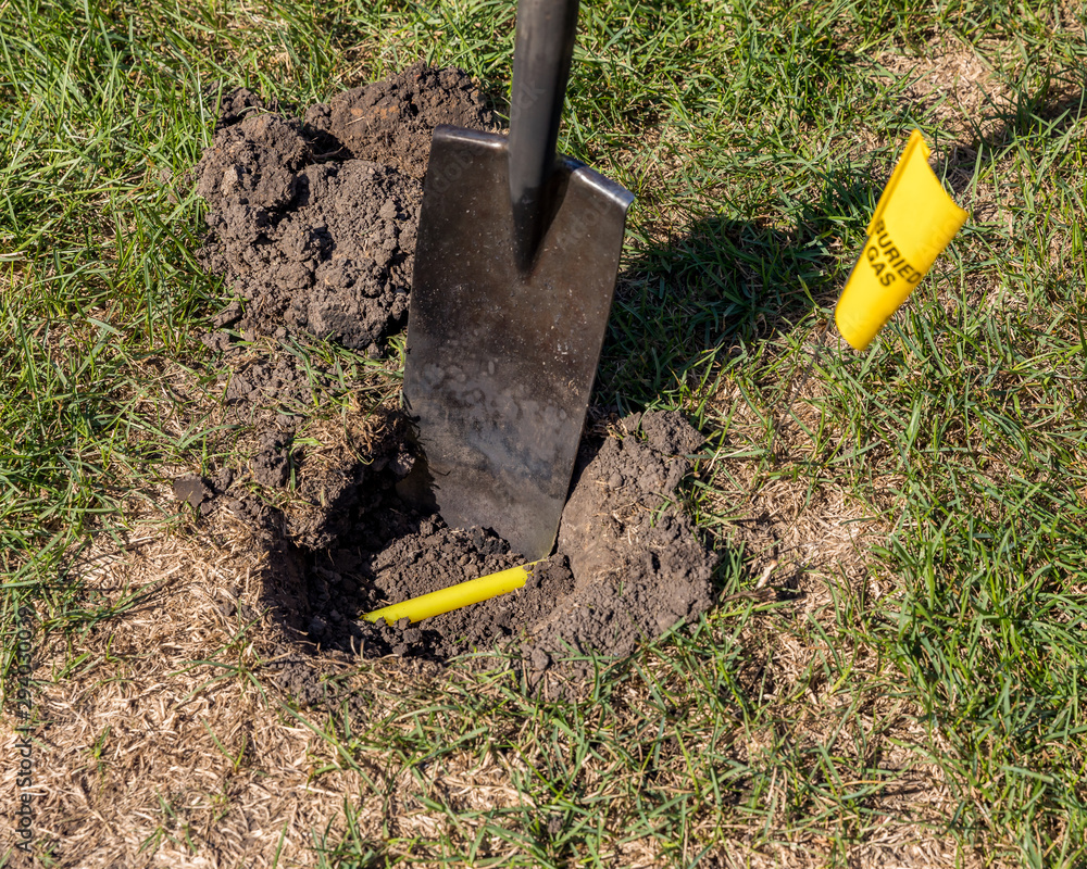 Buried plastic natural gas line in hole of yard. Shovel in soil and