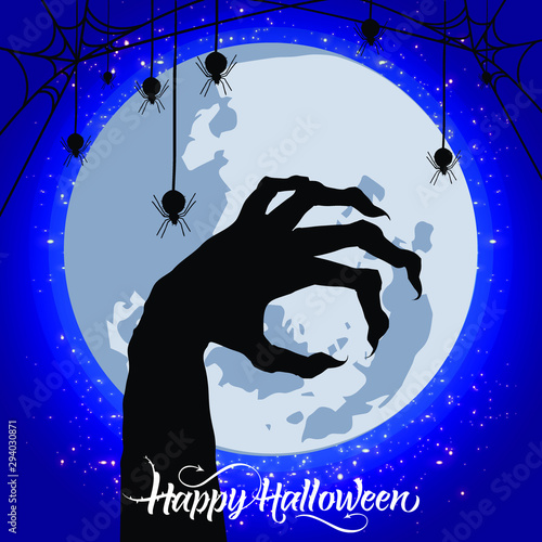 Halloween poster, banner or flyer design. Hand from the grave background