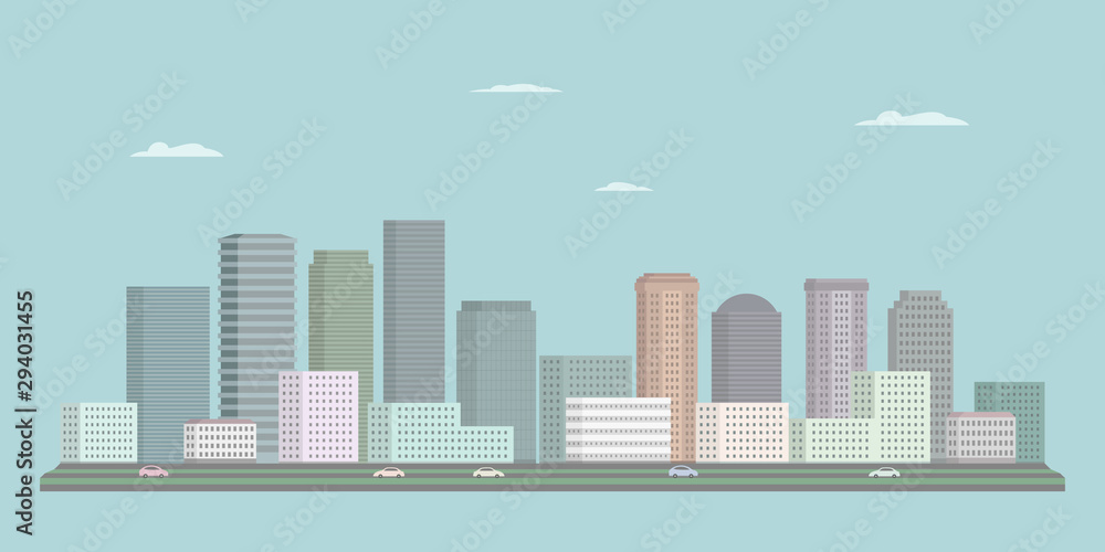 High-rise buildings and highway. Cartoon cityscape. Vector illustration.