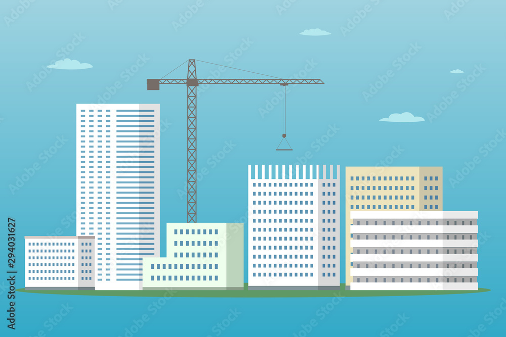 Building crane and unfinished building. Construction site. Vector illustration.