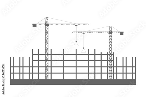 Cranes and unfinished buildings. Construction industry. Vector.