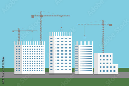 Building cranes at construction site. Cartoon. Vector.