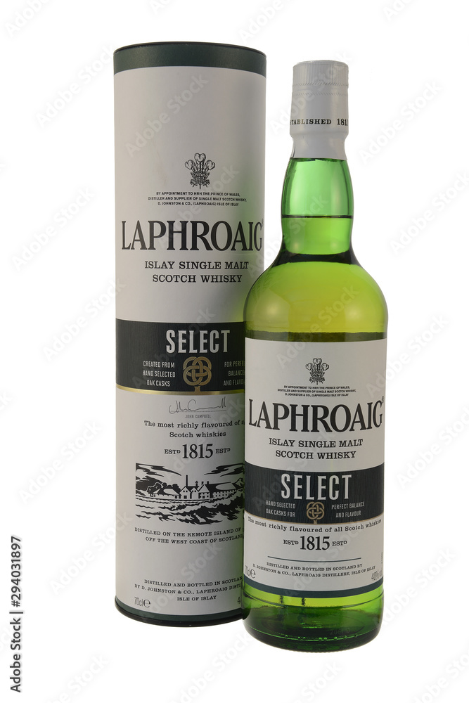 Laphroaig, smoky Single Malt Scotch whisky from Islay on white