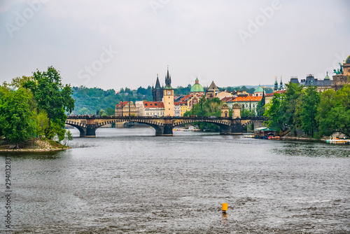 Scenic view of bridges on the Vltava river and historical center of Prague, old town buildings and landmark, Prague, Czech Republic