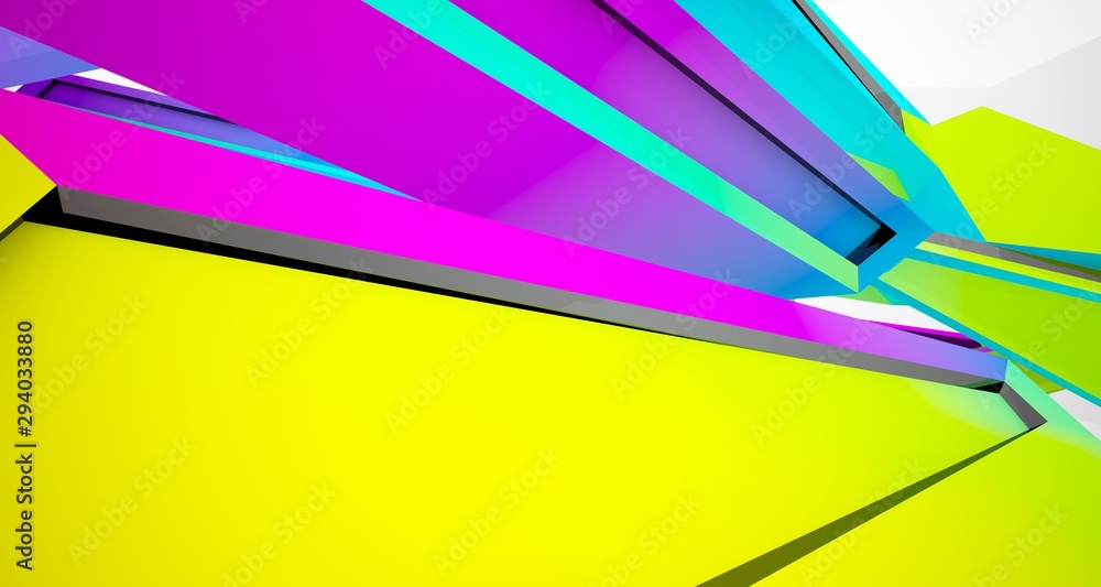 Fototapeta premium Abstract architectural white interior with color gradient and black of a minimalist house with large windows. 3D illustration and rendering.
