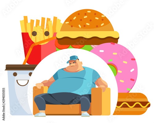 Fat man eating fast food hamburger. Breakfast for overweight person. Junk meal leads to obesity. Person regularly overeats concept. Health care concept.